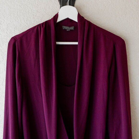 Vince Camuto Burgundy Draped Blouse Size Large – Surplice Front Long Sleeve Top - Picture 4 of 8